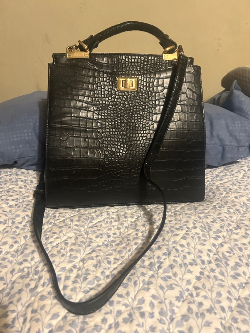 Structured Black Croc-Embossed Hobo with Top Handle